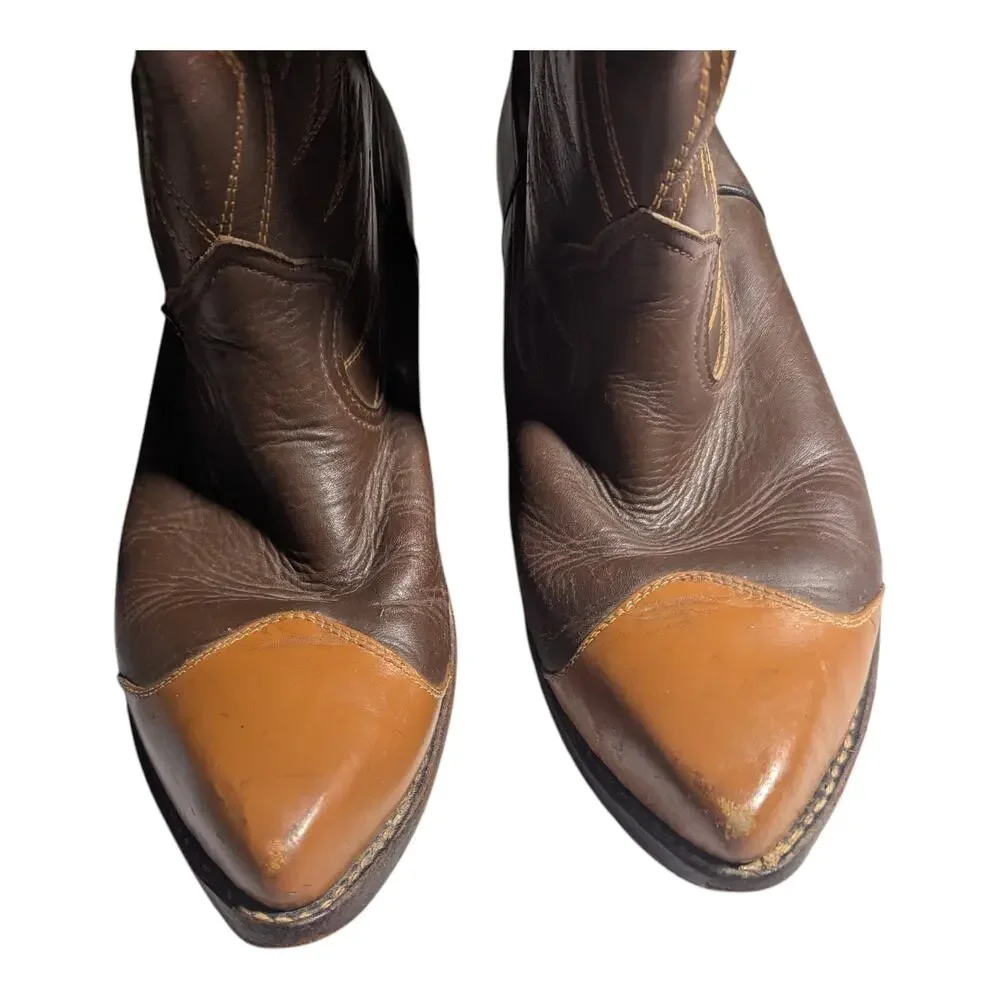 Vtg 1970s Brown Tan Leather Pointed Cap Toe Cowboy Western Boots Sz 10.5